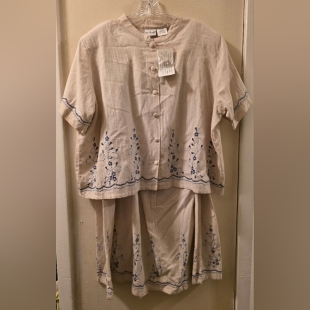 Vtg Floral Embroidered Two Piece Skirt Set Flax Blend Cream Cottagecore XL FLAW